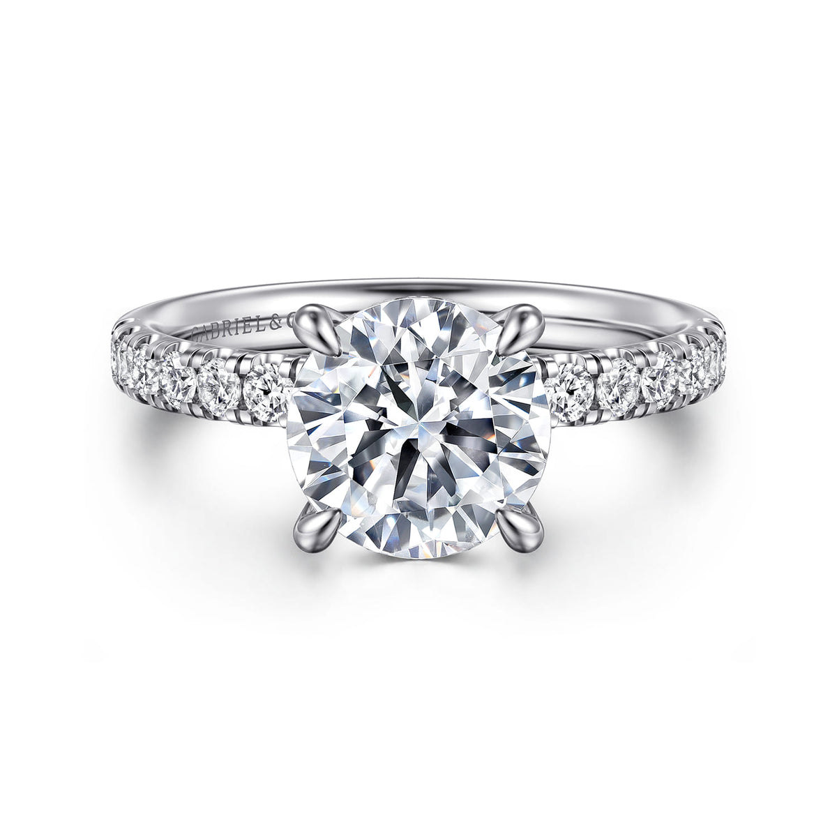 14K White Gold Round Hidden Halo Diamond Engagement Ring — Gabriel & Co. ER16621R8W44JJ; center stone shown for illustration, not included