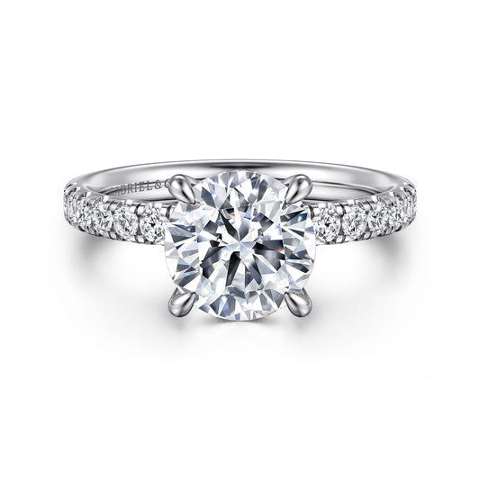 14K White Gold Round Hidden Halo Diamond Engagement Ring — Gabriel & Co. ER16621R8W44JJ; center stone shown for illustration, not included