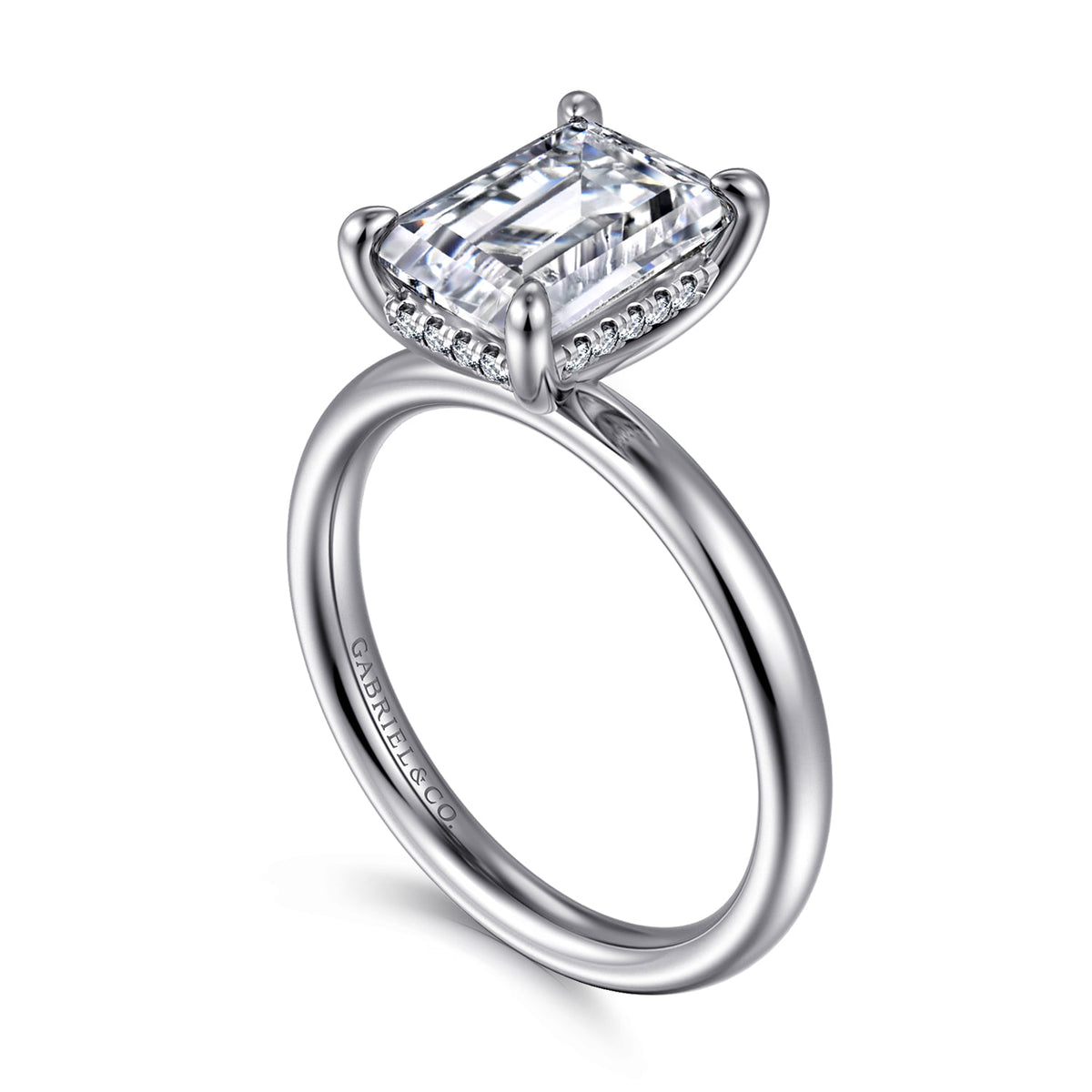 14K White Gold Emerald Cut  Diamond Engagement Ring — Gabriel & Co. ER16622E10W44JJ; center stone shown for illustration, not included