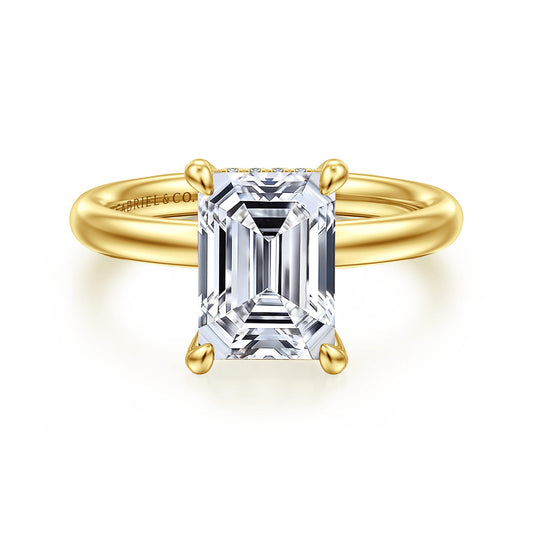14K Yellow Gold Emerald Cut Diamond Engagement Ring — Gabriel & Co. ER16622E10Y44JJ; center stone shown for illustration, not included