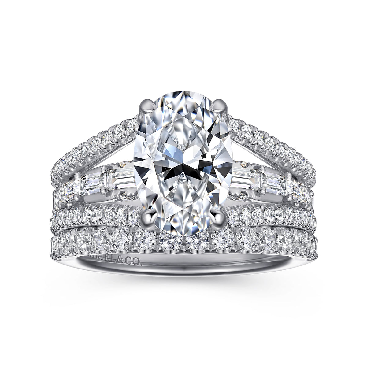 14K White Gold Three Row Oval Diamond Engagement Ring — Gabriel & Co. ER16639O8W44JJ; center stone shown for illustration, not included