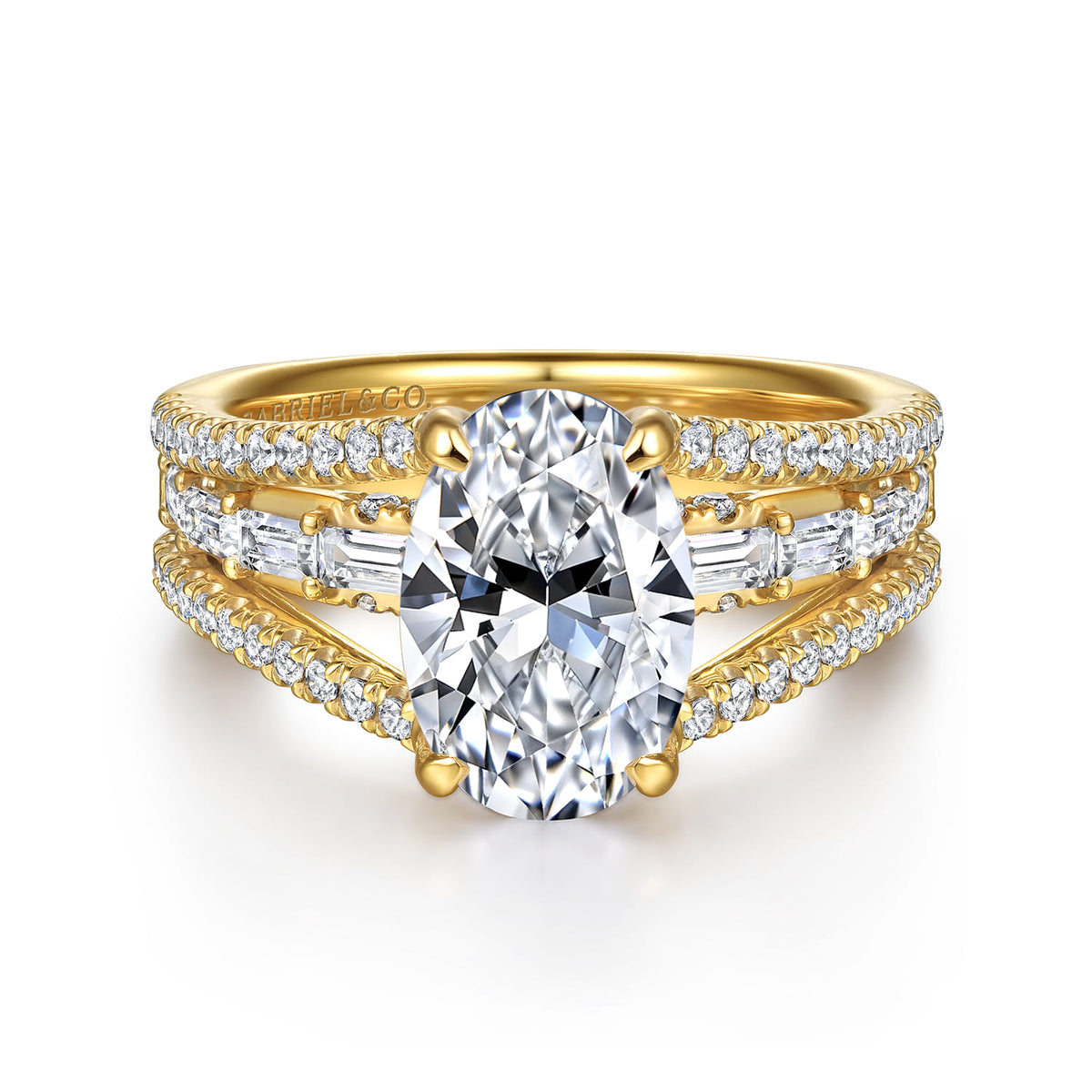 14K Yellow Gold Three Row Oval Diamond Engagement Ring — Gabriel & Co. ER16639O8Y44JJ; center stone shown for illustration, not included