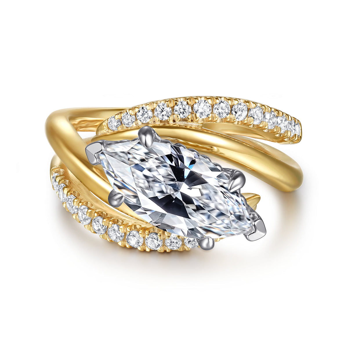 14K White-Yellow Gold Bypass Marquise Shape Diamond Engagement Ring — Gabriel & Co. ER16643M8M44JJ; center stone shown for illustration, not included
