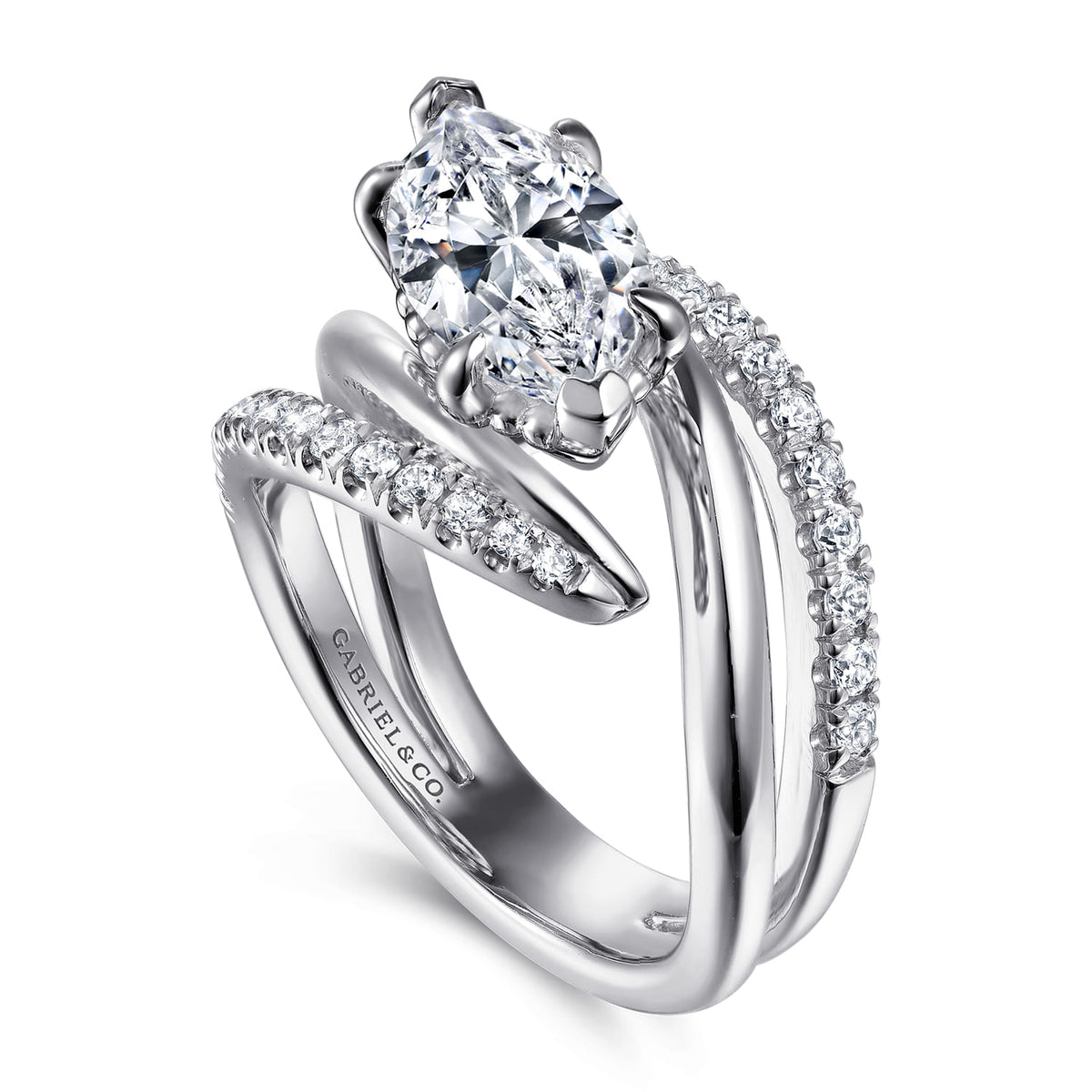 14K White Gold Bypass Marquise Shape Diamond Engagement Ring — Gabriel & Co. ER16643M8W44JJ; center stone shown for illustration, not included
