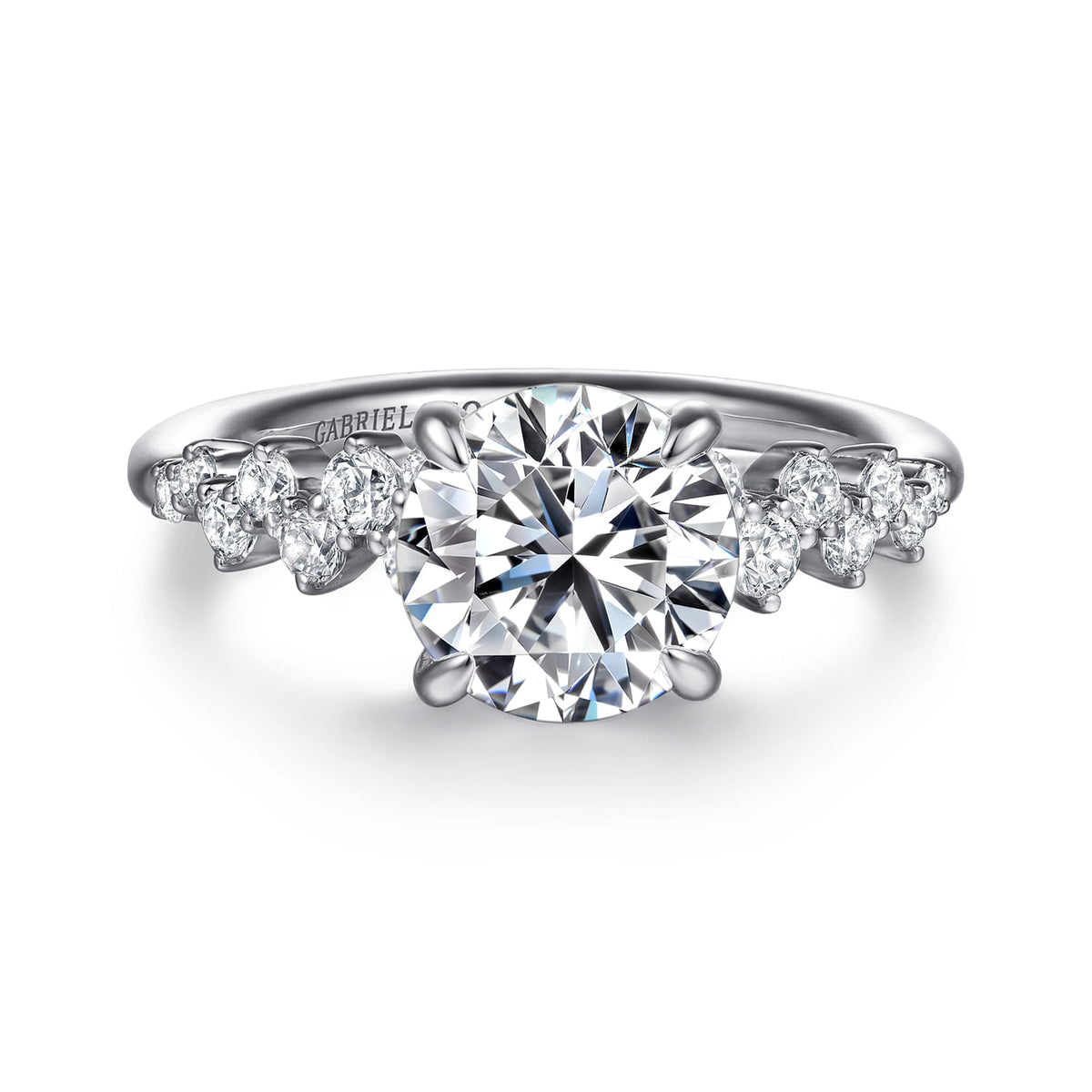 14K White Gold Round Diamond Engagement Ring — Gabriel & Co. ER16665R8W44JJ; center stone shown for illustration, not included