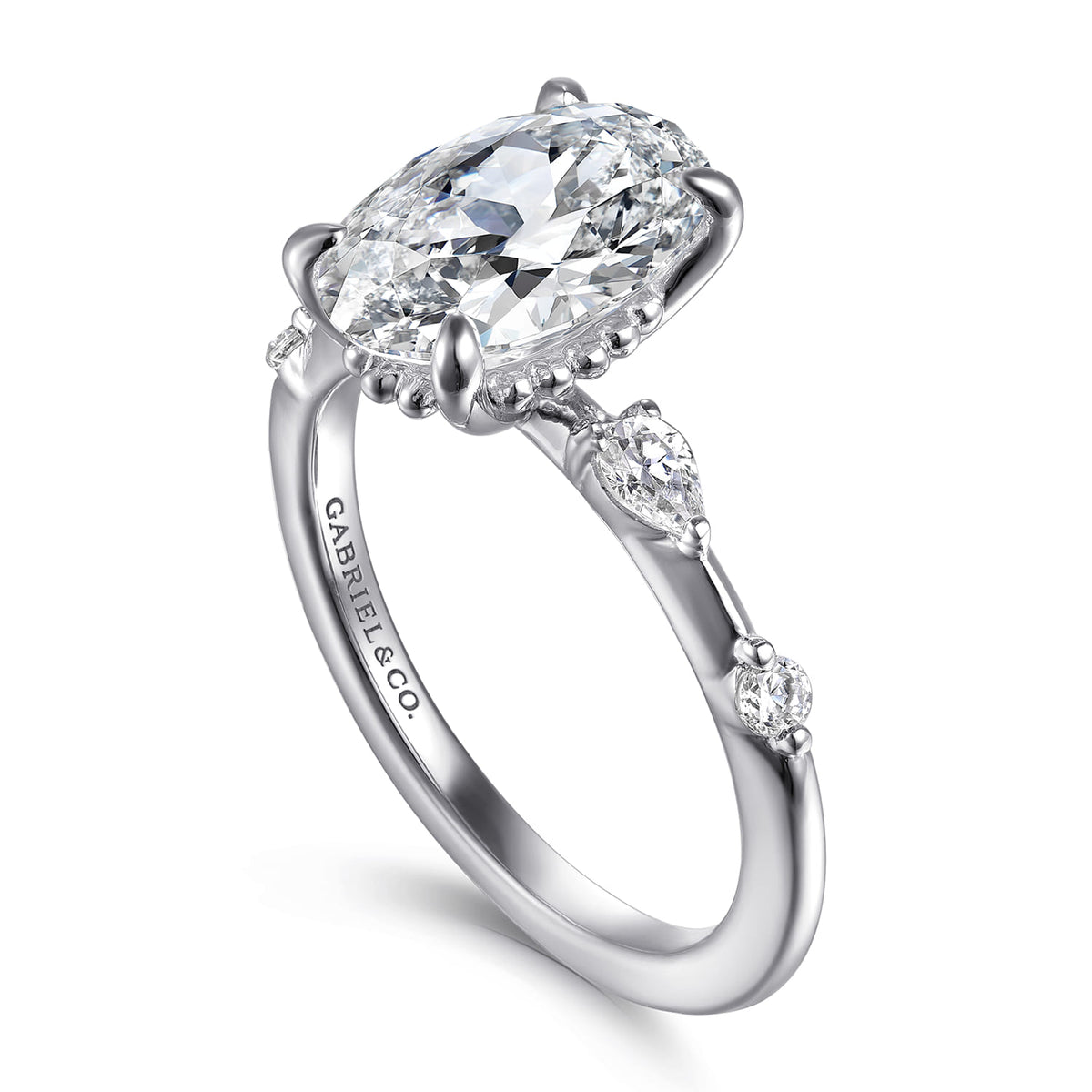 14K White Gold Oval Diamond Engagement Ring — Gabriel & Co. ER16666O8W44JJ; center stone shown for illustration, not included