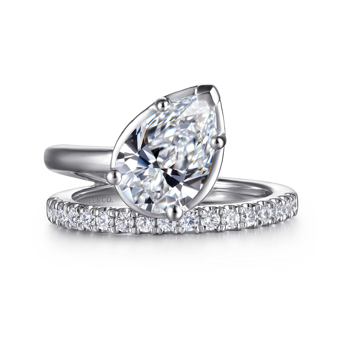 14K White Gold Bezel Prong Pear Shape Wrap Engagement Ring — Gabriel & Co. ER16668P8W44JJ; center stone shown for illustration, not included