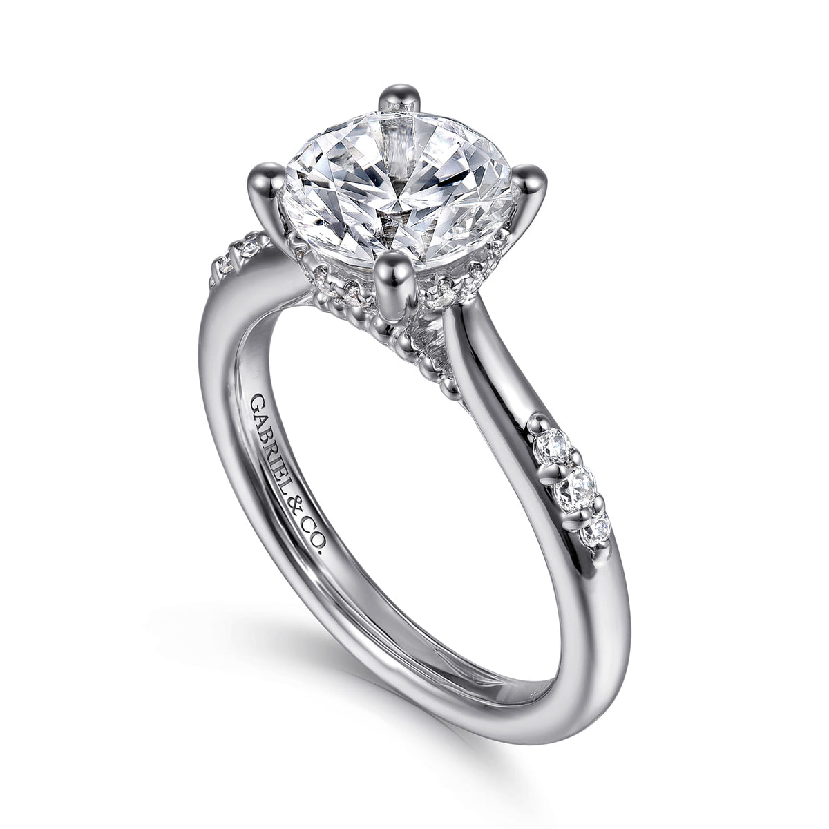 14K White Gold Round Diamond Engagement Ring — Gabriel & Co. ER16670R8W44JJ; center stone shown for illustration, not included