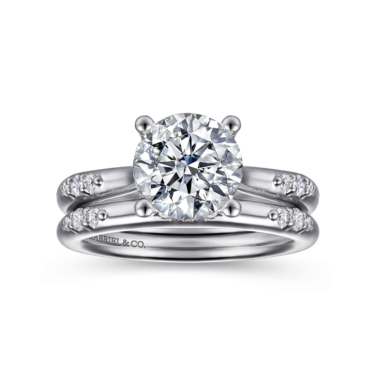 14K White Gold Round Diamond Engagement Ring — Gabriel & Co. ER16670R8W44JJ; center stone shown for illustration, not included