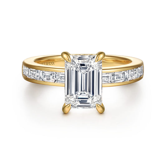 14K Yellow Gold Emerald Cut Channel Set Baguette Diamond Engagement Ring — Gabriel & Co. ER16671E8Y43JJ; center stone shown for illustration, not included