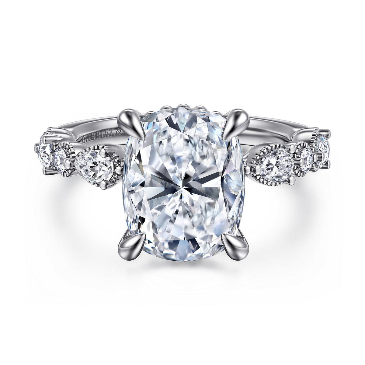 14K White Gold Elongated Cushion Diamond Engagement Ring — Gabriel & Co. ER16672G17W44JJ; center stone shown for illustration, not included