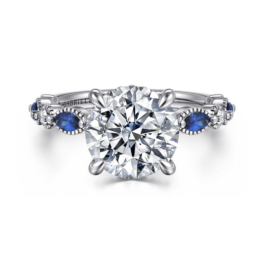 14K White Gold Round Sapphire and Diamond Engagement Ring — ER16673R12W44SA; center stone shown for illustration, not included