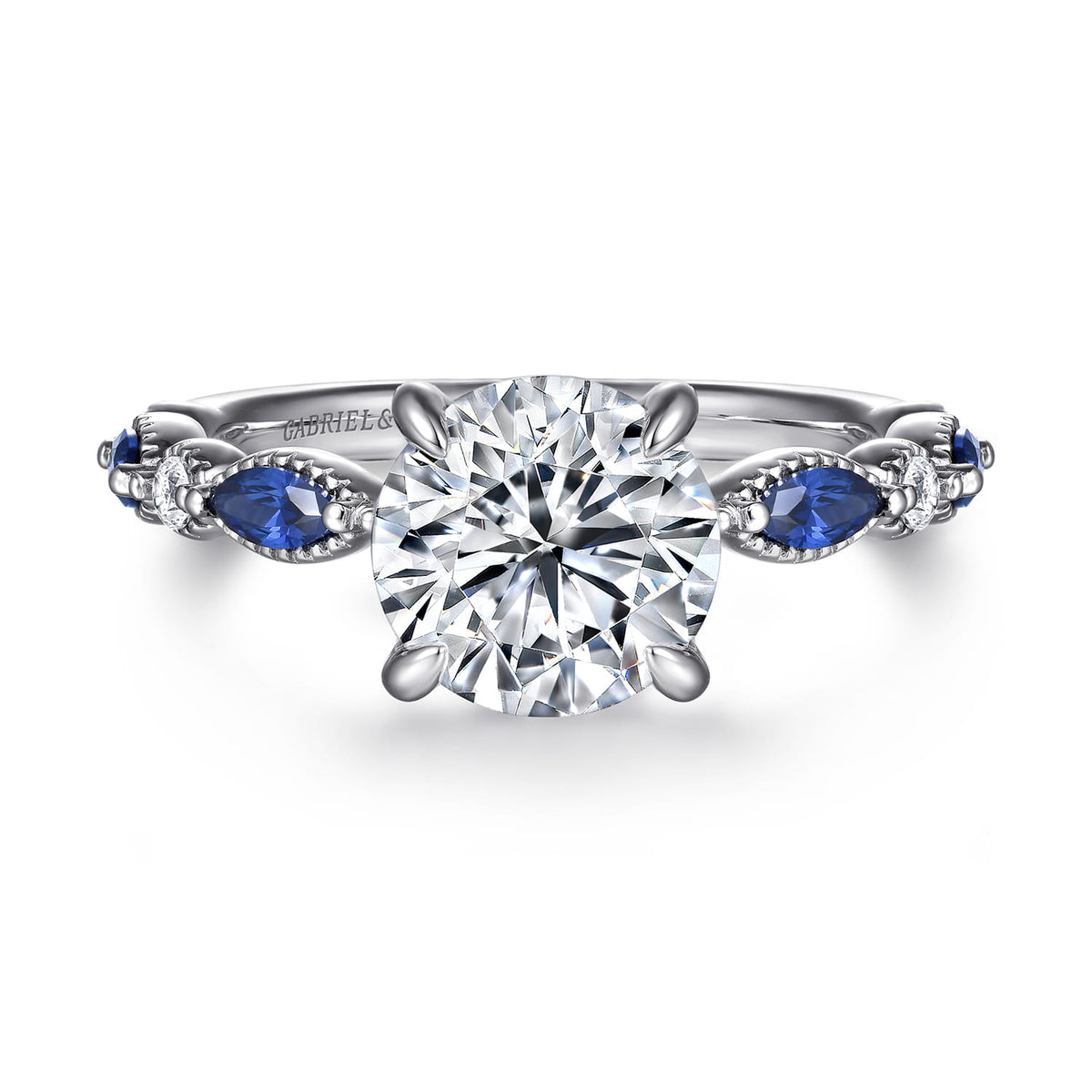14K White Gold Round Sapphire and Diamond Engagement Ring — Gabriel & Co. ER16673R8W44SA; center stone shown for illustration, not included