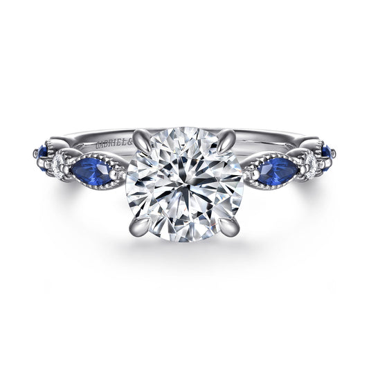 14K White Gold Round Sapphire and Diamond Engagement Ring — Gabriel & Co. ER16673R8W44SA; center stone shown for illustration, not included