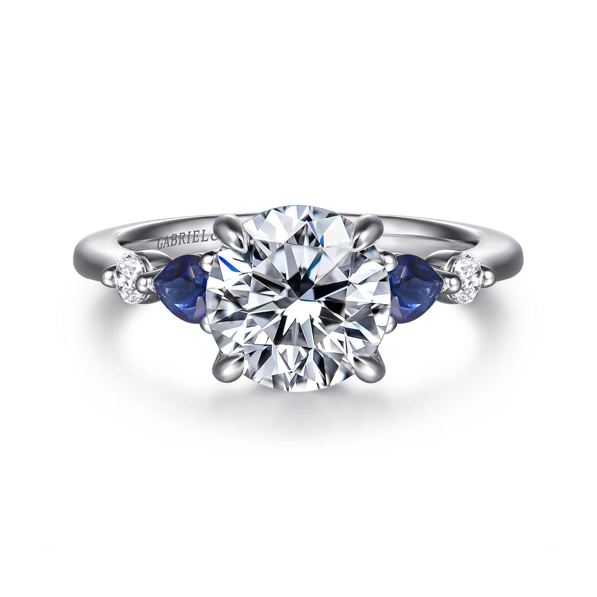 14K White Gold Round Diamond and Sapphire Engagement Ring — Gabriel & Co. ER16677R8W44SA; center stone shown for illustration, not included