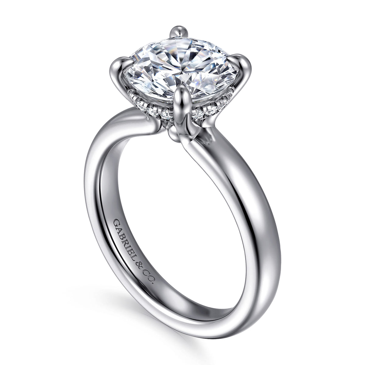 14K White Gold Round Diamond Engagement Ring — Gabriel & Co. ER16680R12W44JJ; center stone shown for illustration, not included
