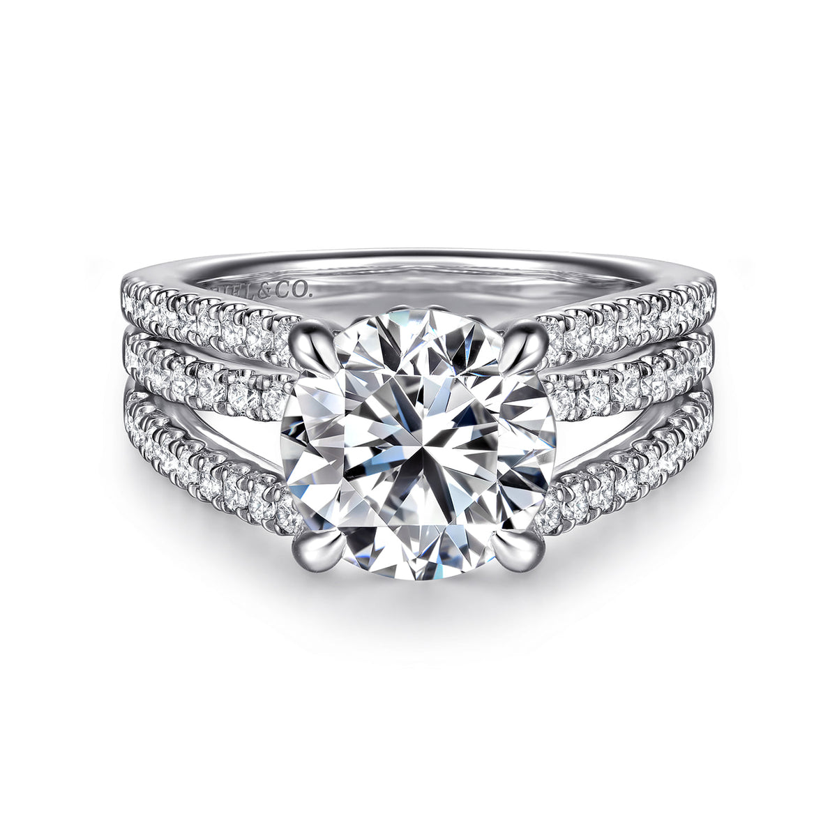 14K White Gold Split Shank Round Diamond Engagement Ring — Gabriel & Co. ER16682R12W44JJ; center stone shown for illustration, not included
