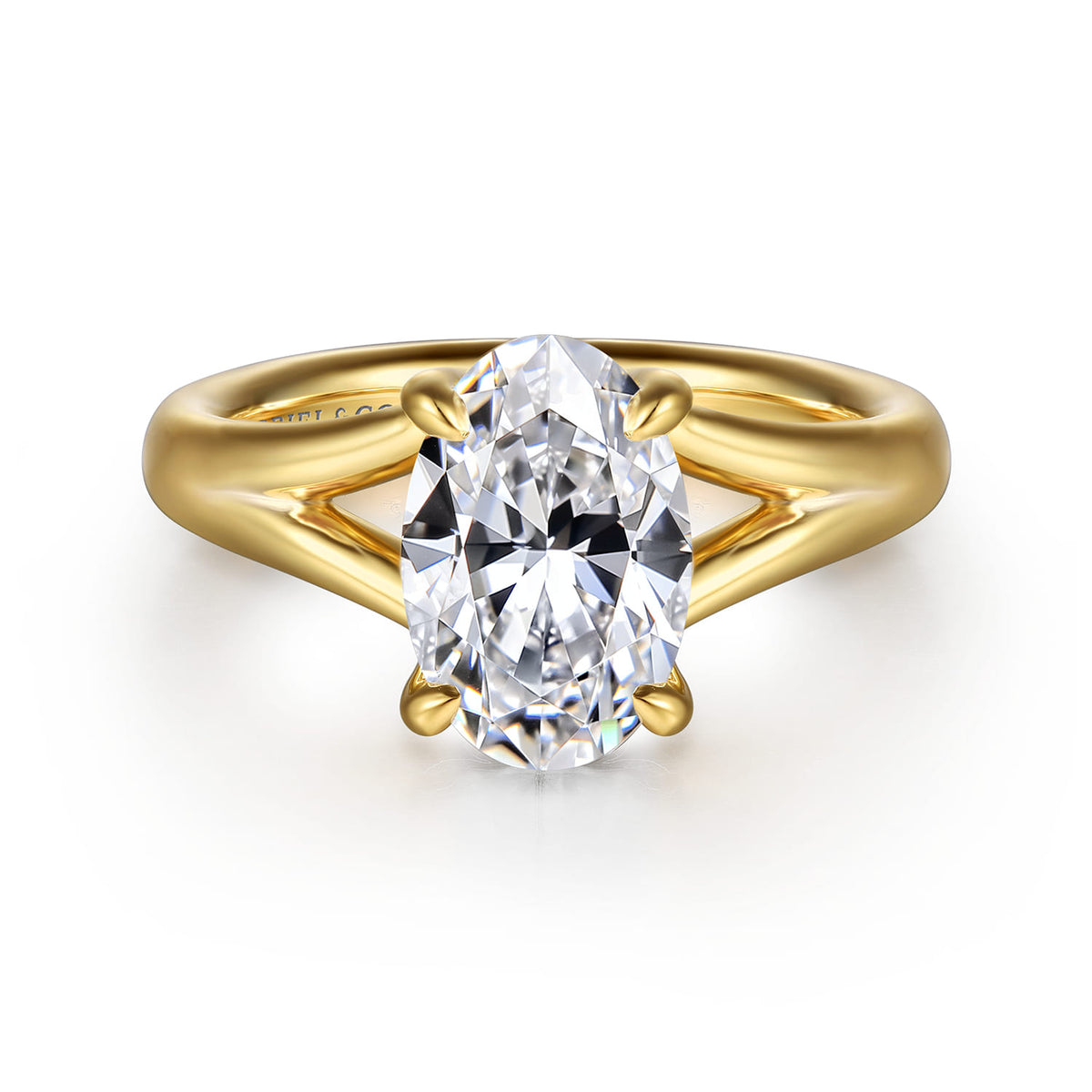 14K Yellow Gold Split Shank Oval Diamond Engagement Ring — Gabriel & Co. ER16683O8Y44JJ; center stone shown for illustration, not included