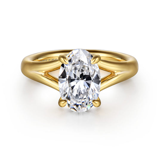 14K Yellow Gold Split Shank Oval Diamond Engagement Ring — Gabriel & Co. ER16683O8Y44JJ; center stone shown for illustration, not included
