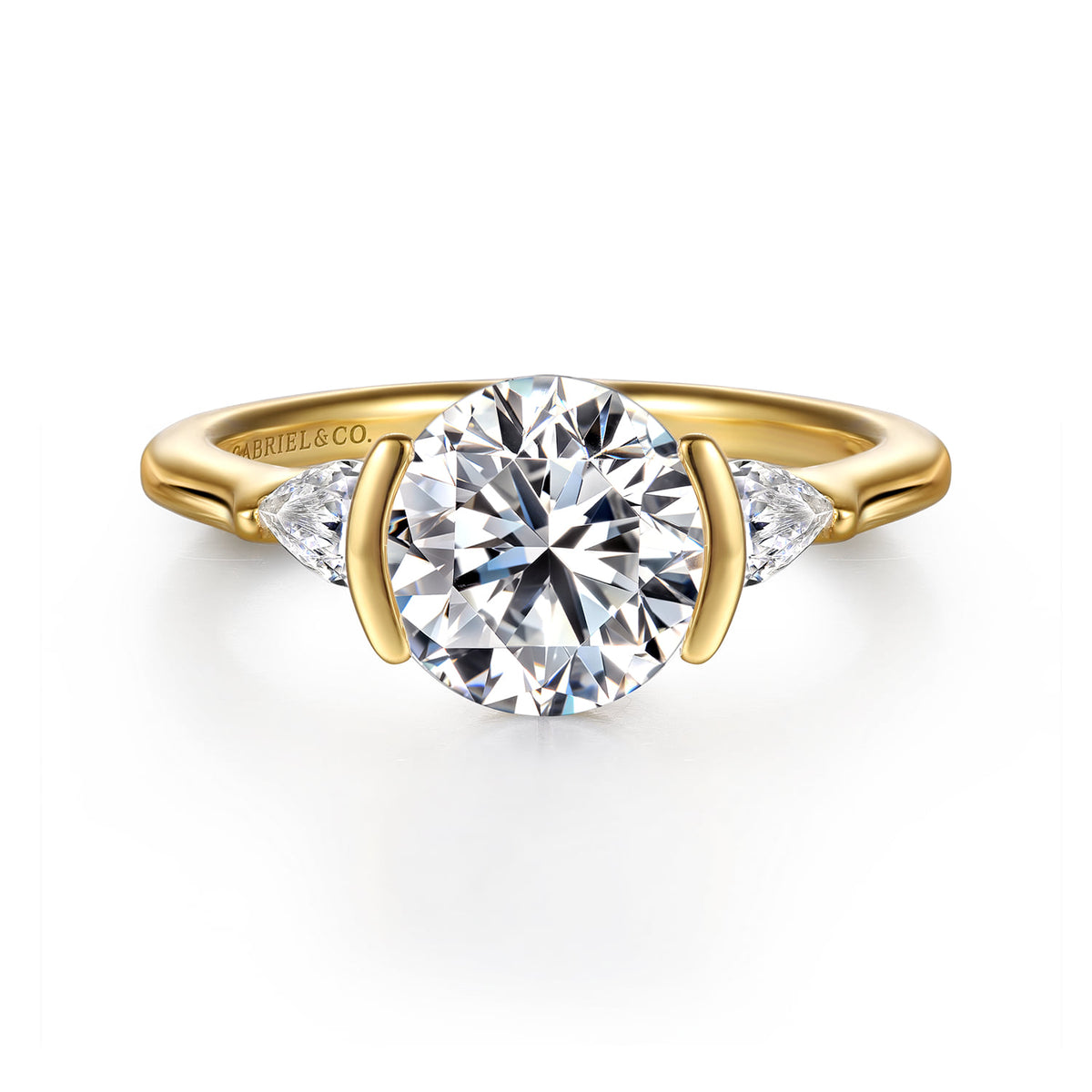 14K Yellow Gold Half Bezel Three Stone Round Diamond Engagement Ring — Gabriel & Co. ER16685R8Y44JJ; center stone shown for illustration, not included