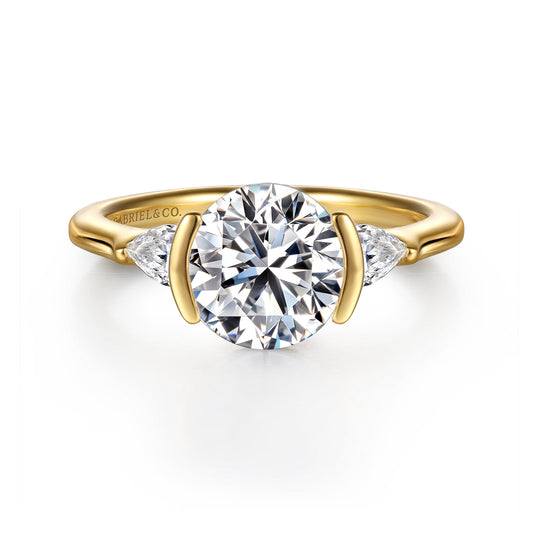 14K Yellow Gold Half Bezel Three Stone Round Diamond Engagement Ring — Gabriel & Co. ER16685R8Y44JJ; center stone shown for illustration, not included