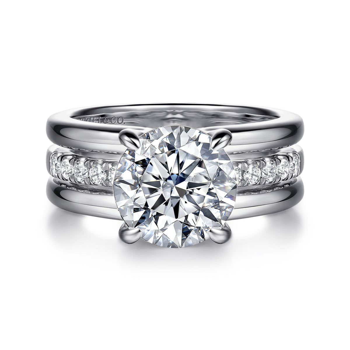 14K White Gold Round Diamond Engagement Ring — Gabriel & Co. ER16686R12W44JJ; center stone shown for illustration, not included