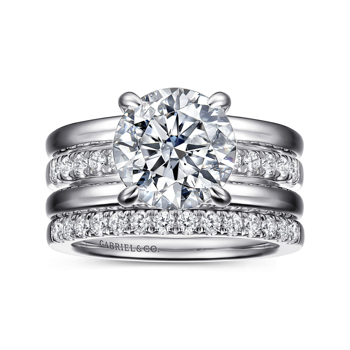 14K White Gold Round Diamond Engagement Ring — Gabriel & Co. ER16686R12W44JJ; center stone shown for illustration, not included