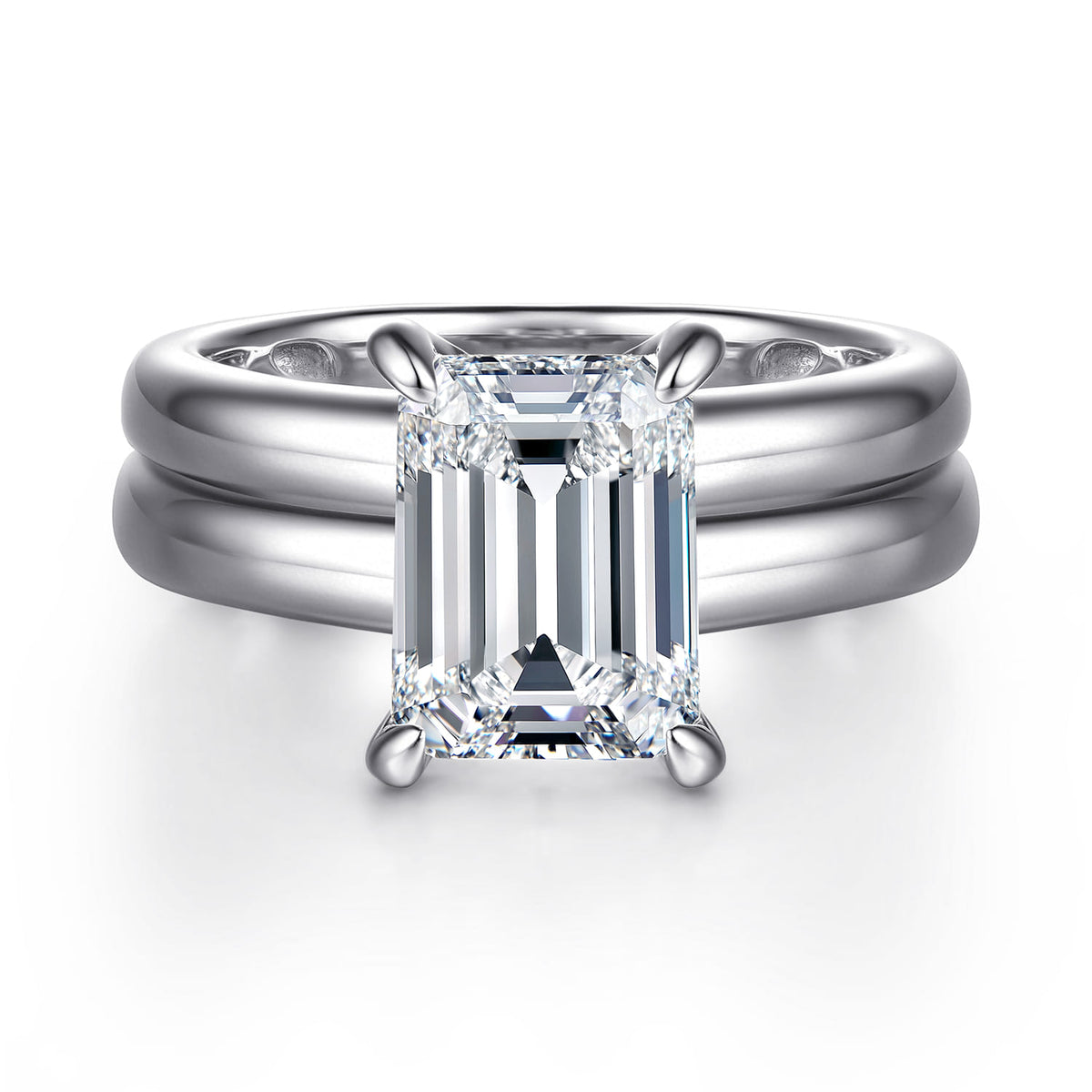 14K White Gold Emerald Cut Diamond Engagement Ring — Gabriel & Co. ER16687E12W44JJ; center stone shown for illustration, not included