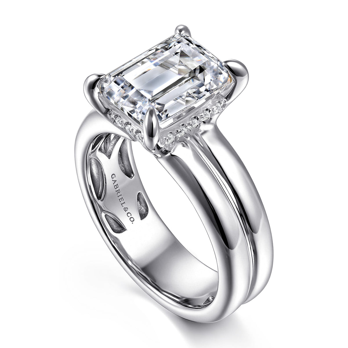 14K White Gold Emerald Cut Diamond Engagement Ring — Gabriel & Co. ER16687E12W44JJ; center stone shown for illustration, not included