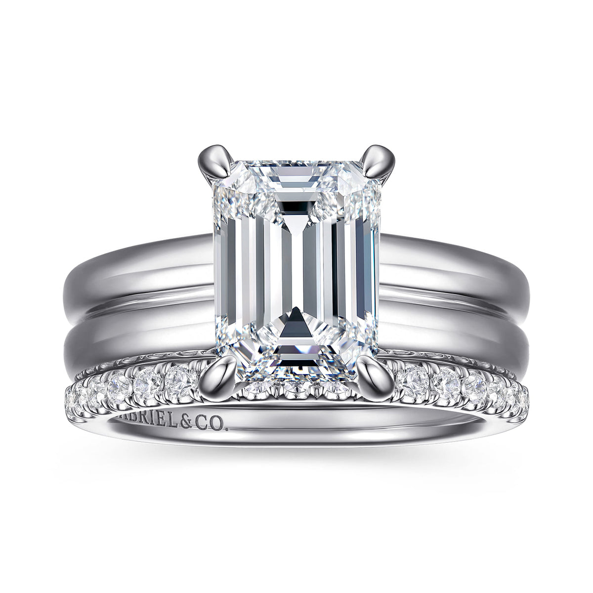 14K White Gold Emerald Cut Diamond Engagement Ring — Gabriel & Co. ER16687E12W44JJ; center stone shown for illustration, not included