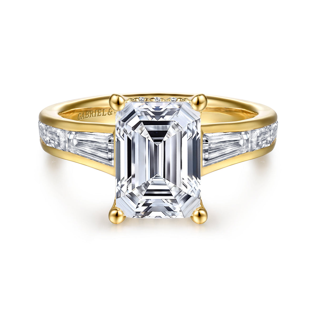 14K Yellow Gold Channel set Baguette Emerald Cut Diamond Engagement Ring — Gabriel & Co. ER16690E12Y44JJ; center stone shown for illustration, not included