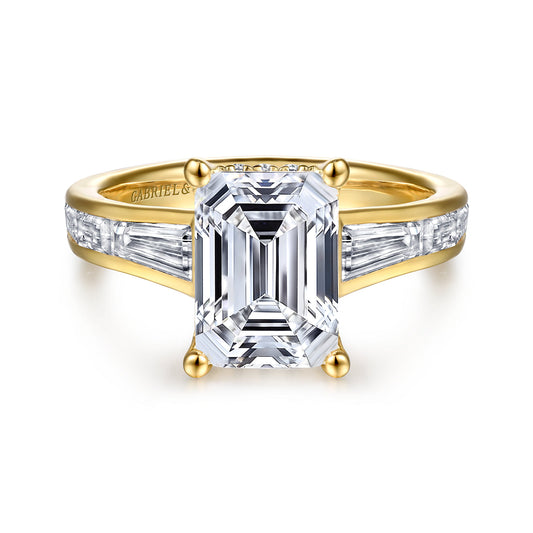 14K Yellow Gold Channel set Baguette Emerald Cut Diamond Engagement Ring — Gabriel & Co. ER16690E12Y44JJ; center stone shown for illustration, not included