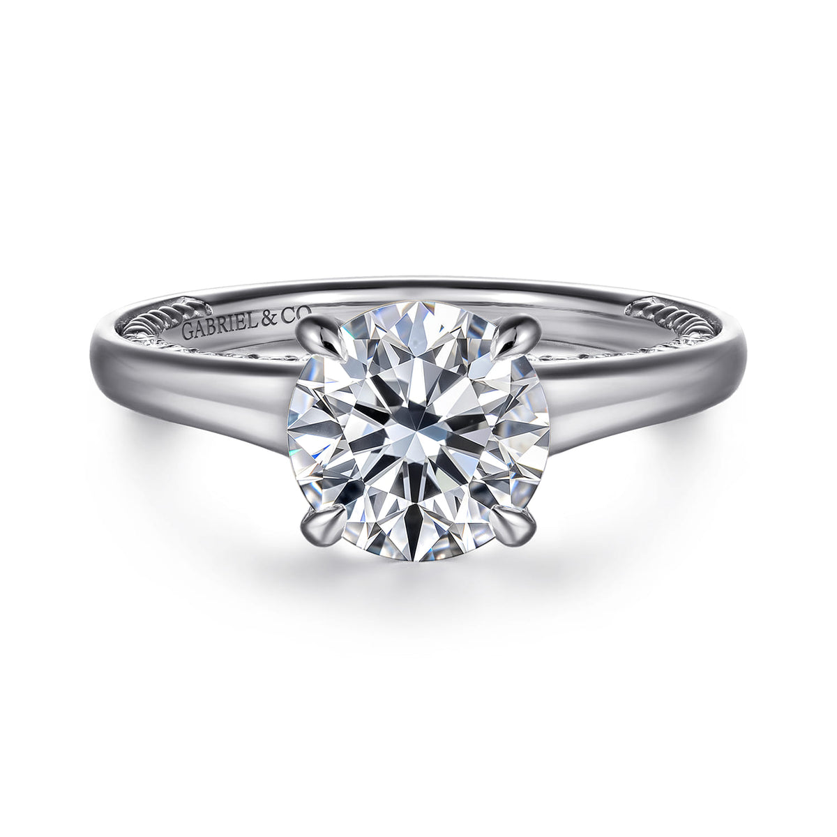 14K White Gold Round Diamond Engagement Ring — Gabriel & Co. ER16691R8W44JJ; center stone shown for illustration, not included