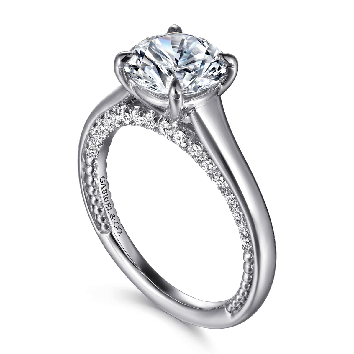 14K White Gold Round Diamond Engagement Ring — Gabriel & Co. ER16691R8W44JJ; center stone shown for illustration, not included