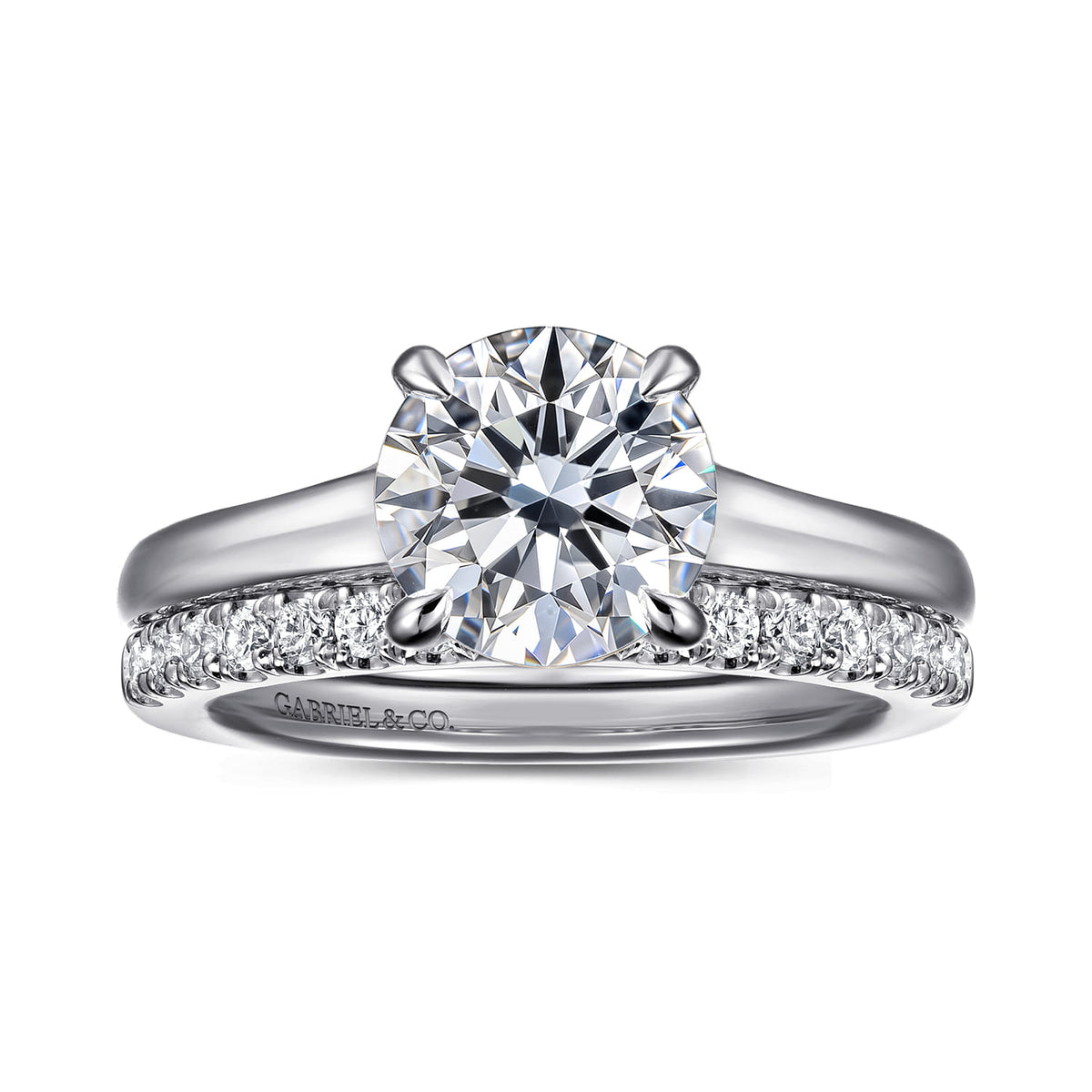 14K White Gold Round Diamond Engagement Ring — Gabriel & Co. ER16691R8W44JJ; center stone shown for illustration, not included