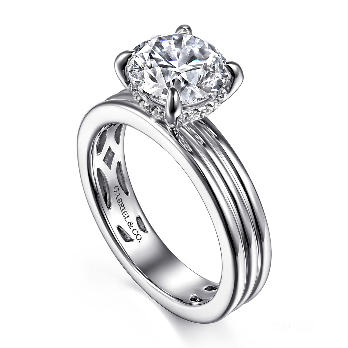 14K White Gold Round Diamond Engagement Ring — Gabriel & Co. ER16695R8W44JJ; center stone shown for illustration, not included