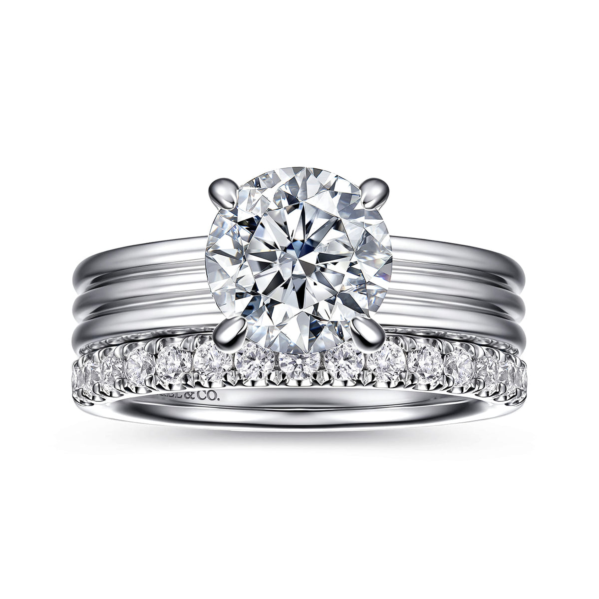 14K White Gold Round Diamond Engagement Ring — Gabriel & Co. ER16695R8W44JJ; center stone shown for illustration, not included