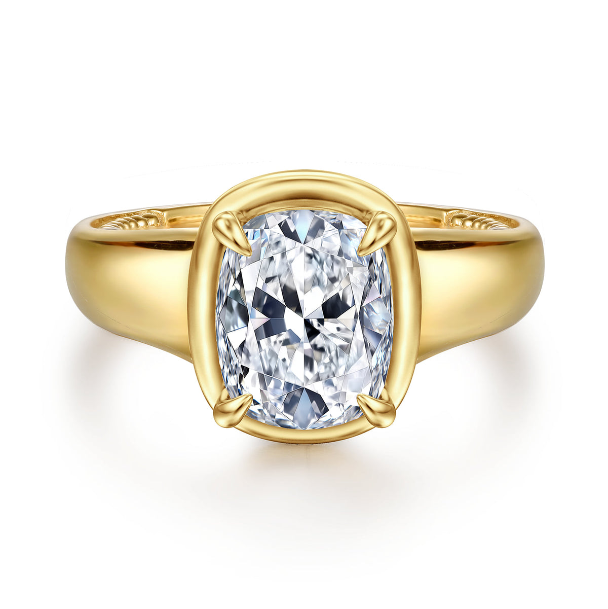 14K Yellow Gold Bezel Prong Elongated Cushion Diamond Engagement Ring — Gabriel & Co. ER16697G12Y44JJ; center stone shown for illustration, not included