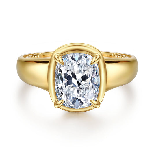 14K Yellow Gold Bezel Prong Elongated Cushion Diamond Engagement Ring — Gabriel & Co. ER16697G12Y44JJ; center stone shown for illustration, not included