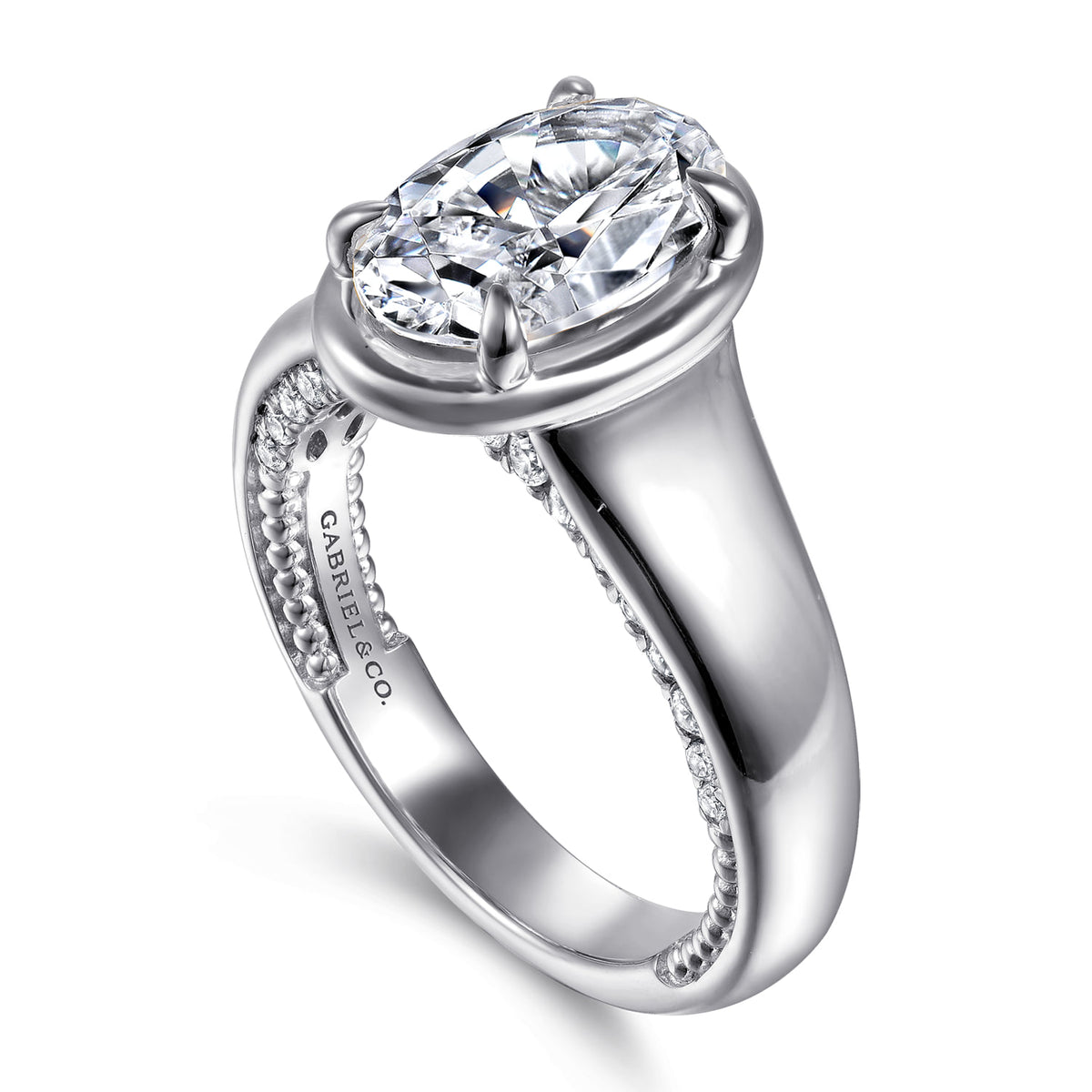 14K White Gold Bezel Prong Oval Diamond Engagement Ring — Gabriel & Co. ER16697O8W44JJ; center stone shown for illustration, not included