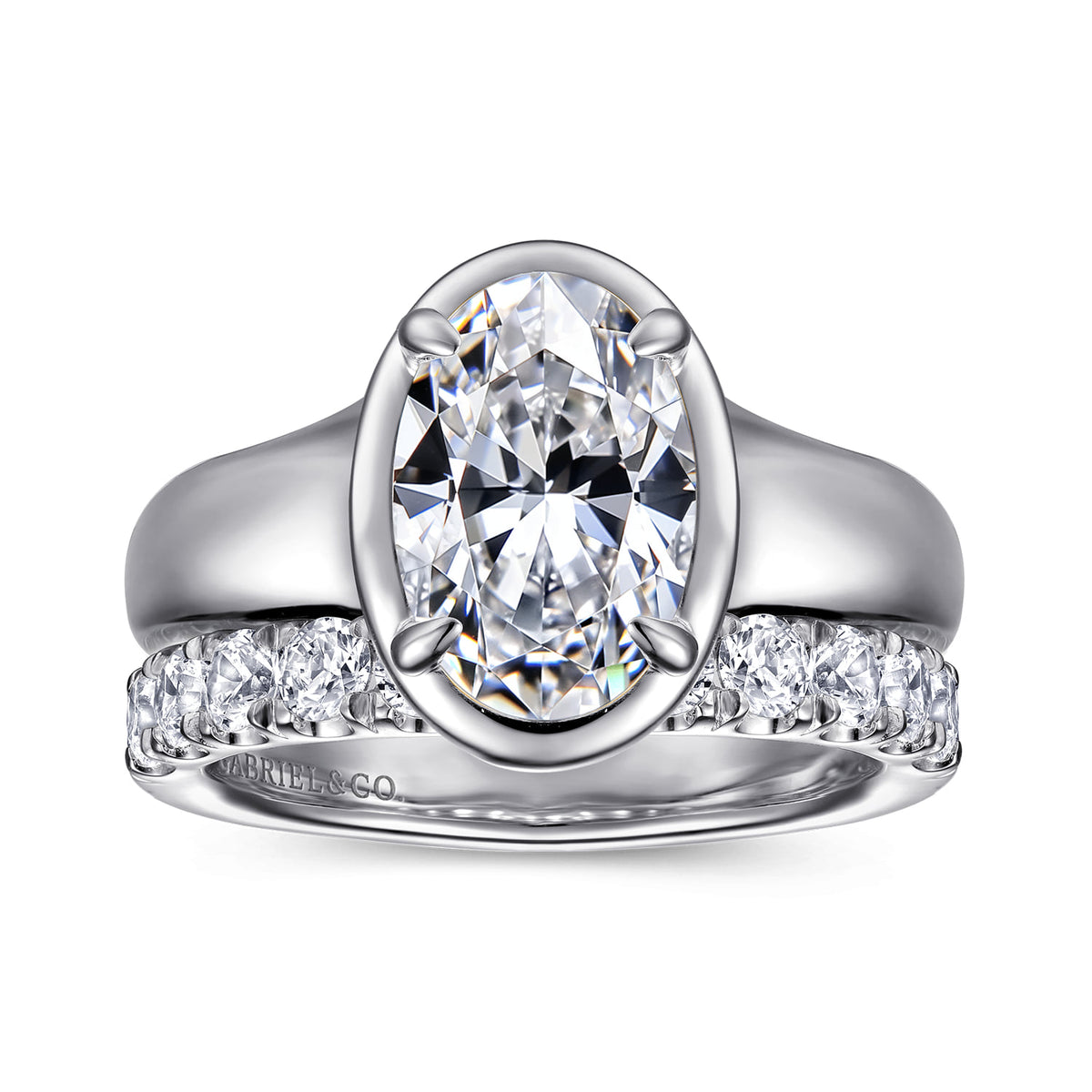 14K White Gold Bezel Prong Oval Diamond Engagement Ring — Gabriel & Co. ER16697O8W44JJ; center stone shown for illustration, not included