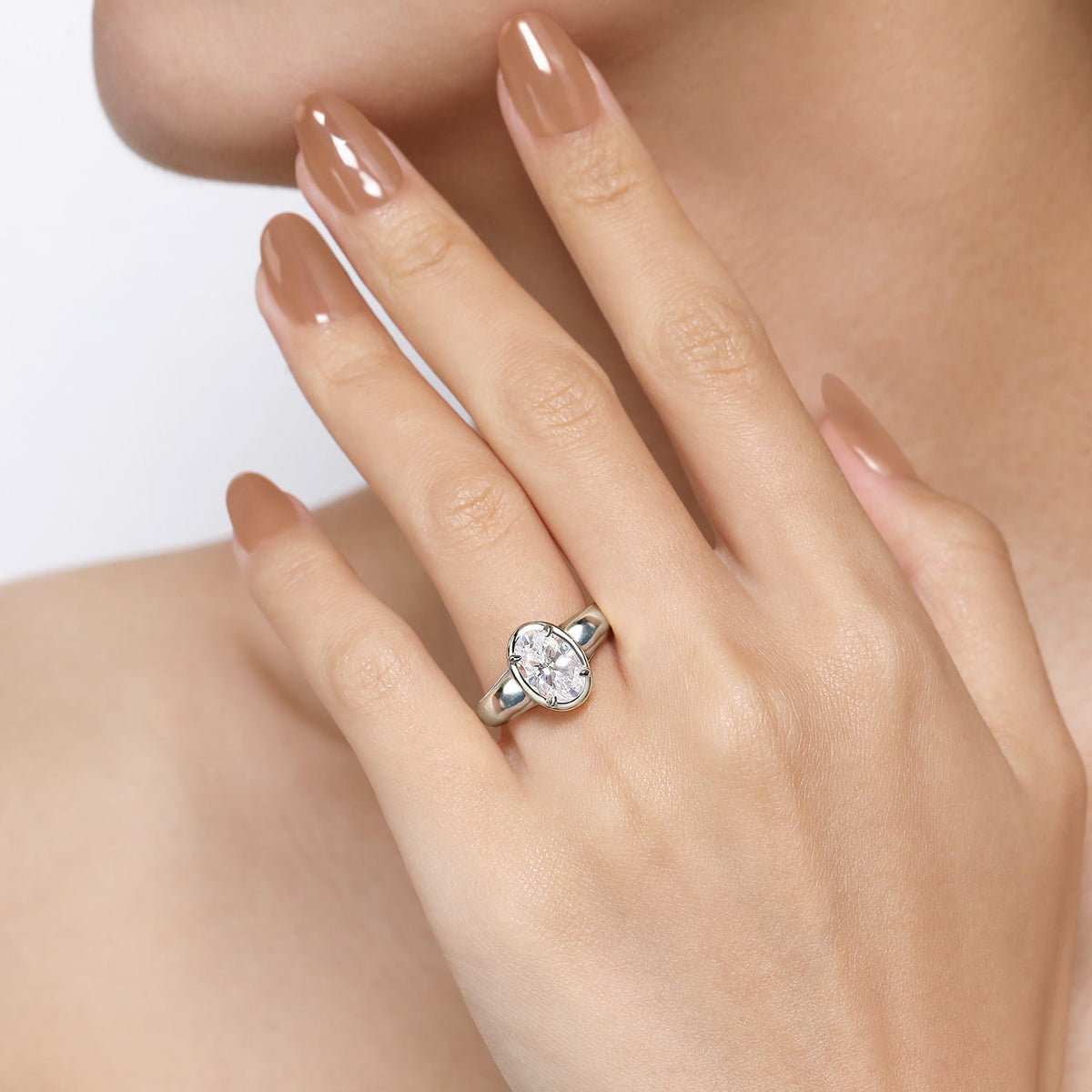 14K White Gold Bezel Prong Oval Diamond Engagement Ring — Gabriel & Co. ER16697O8W44JJ; center stone shown for illustration, not included