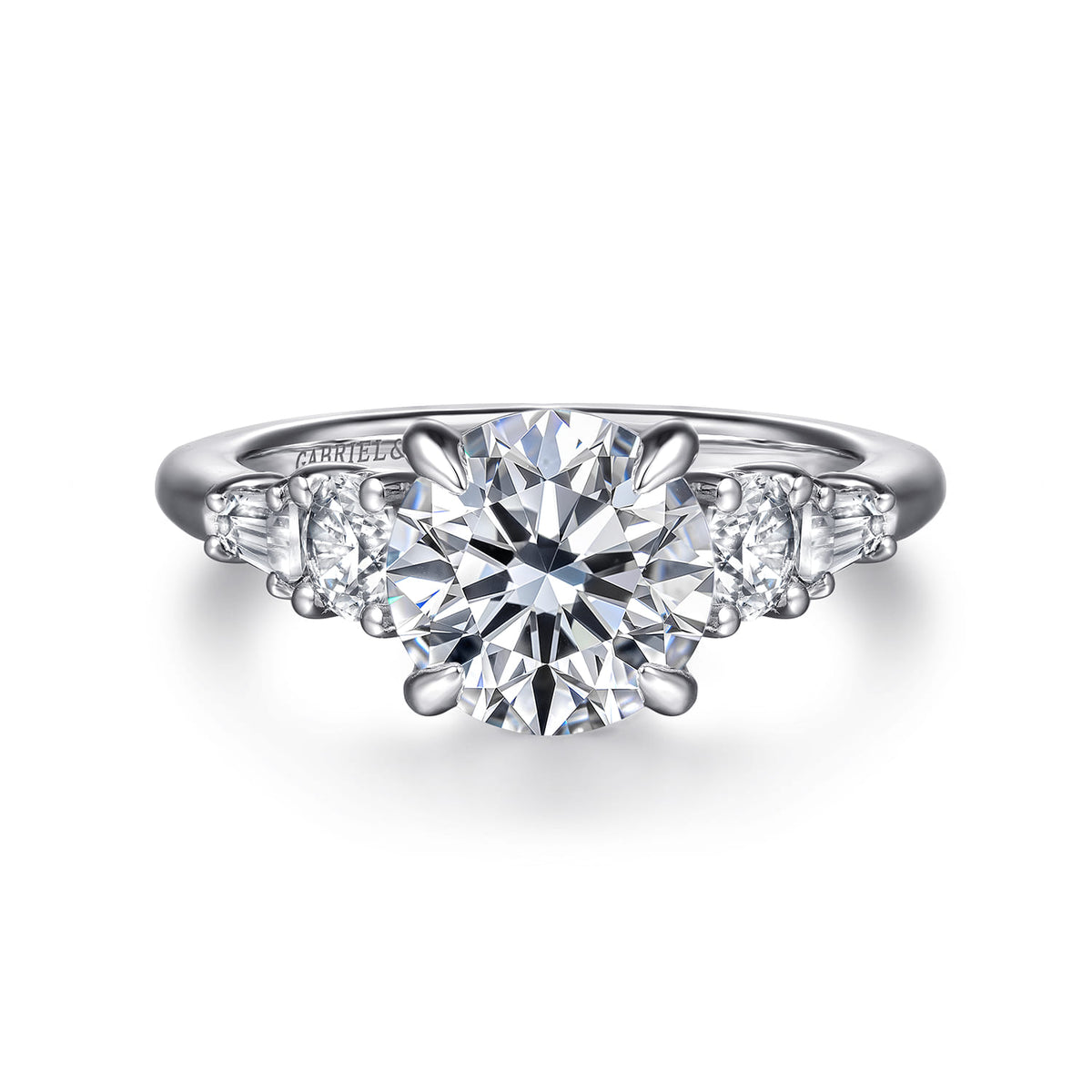 14K White Gold Five Stone Round Diamond Engagement Ring — Gabriel & Co. ER16700R8W44JJ; center stone shown for illustration, not included