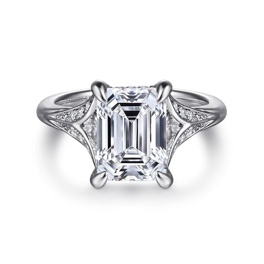 14K White Gold Split Shank Emerald Cut Diamond Engagement Ring — Gabriel & Co. ER16704E12W44JJ; center stone shown for illustration, not included