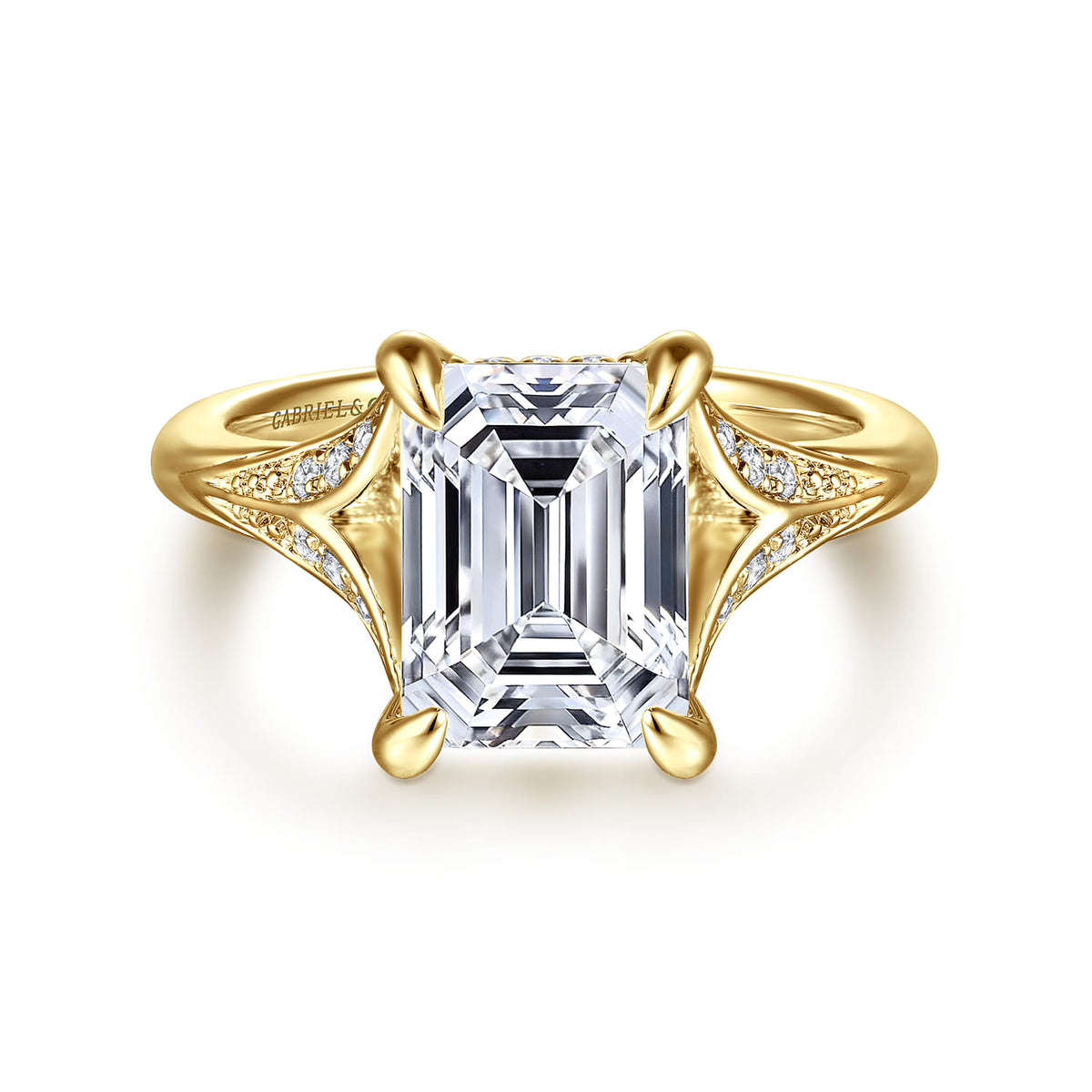 14K Yellow Gold Split Shank Emerald Cut Diamond Engagement Ring — Gabriel & Co. ER16704E12Y44JJ; center stone shown for illustration, not included