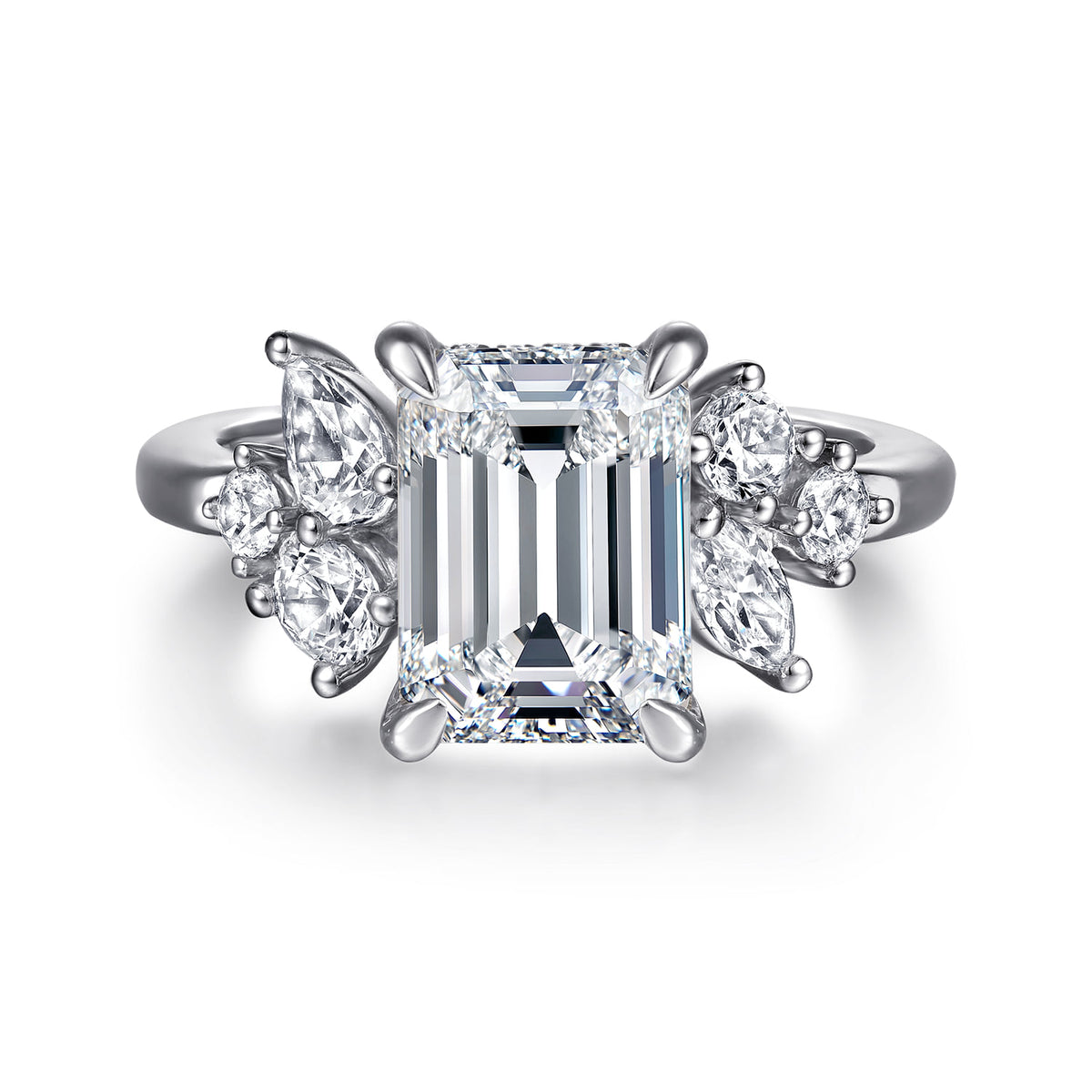 14K White Gold Emerald Cut Diamond Engagement Ring — Gabriel & Co. ER16706E12W44JJ; center stone shown for illustration, not included