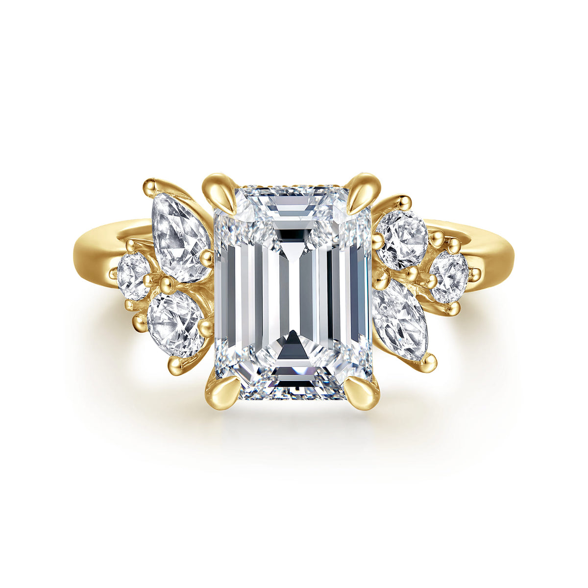 14K Yellow Gold Emerald Cut Diamond Engagement Ring — Gabriel & Co. ER16706E12Y44JJ; center stone shown for illustration, not included