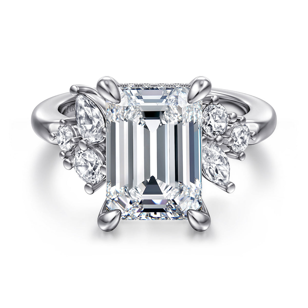 14K White Gold Emerald Cut Diamond Engagement Ring — Gabriel & Co. ER16706E18W44JJ; center stone shown for illustration, not included
