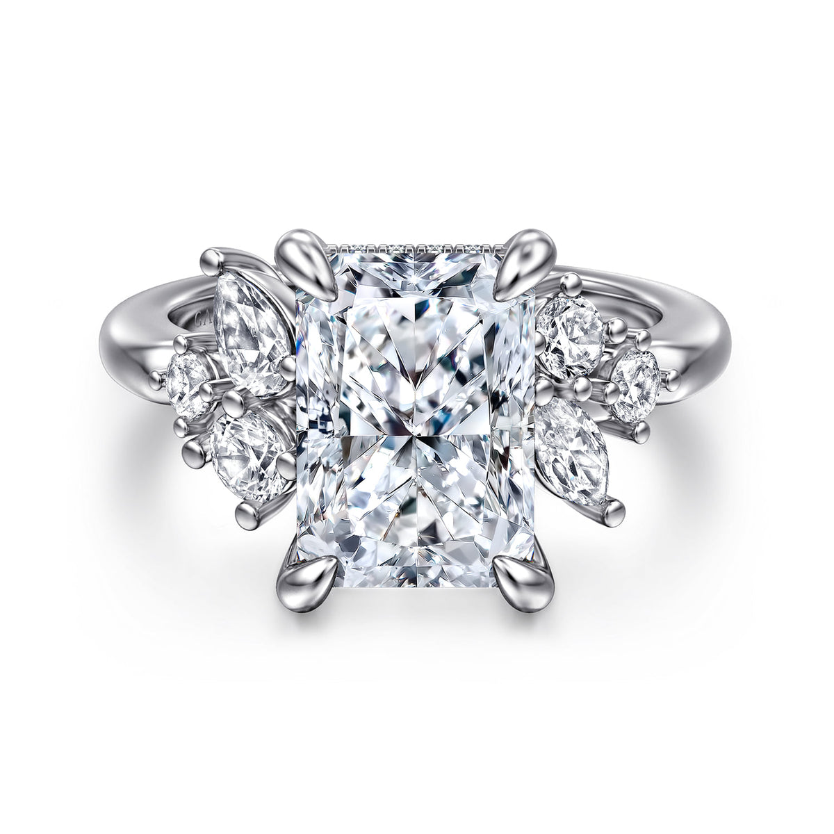 14K White Gold Radiant Cut Diamond Engagement Ring — Gabriel & Co. ER16706N16W44JJ; center stone shown for illustration, not included