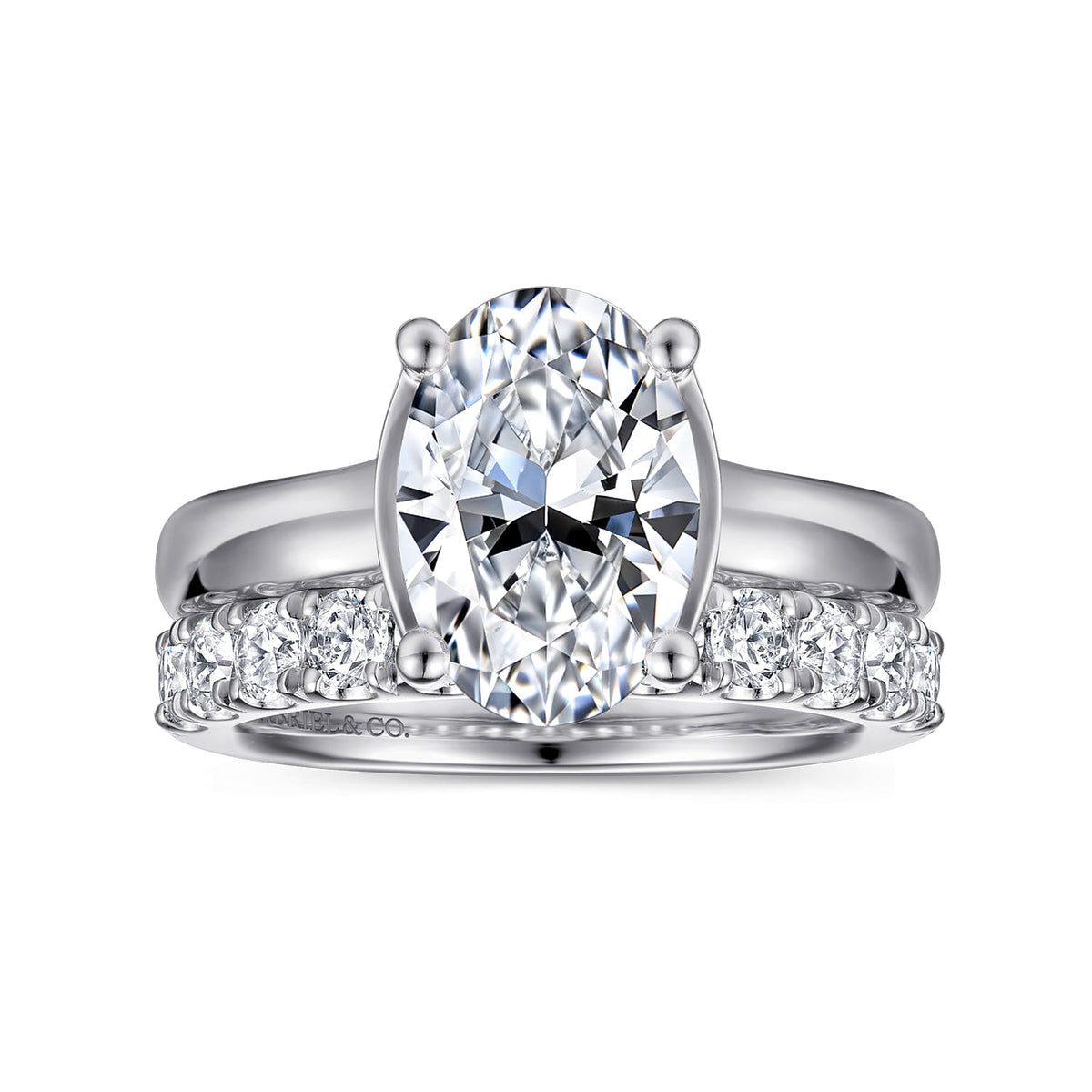14K White Gold Half Bezel Oval Diamond Engagement Ring — Gabriel & Co. ER16707O8W44JJ; center stone shown for illustration, not included